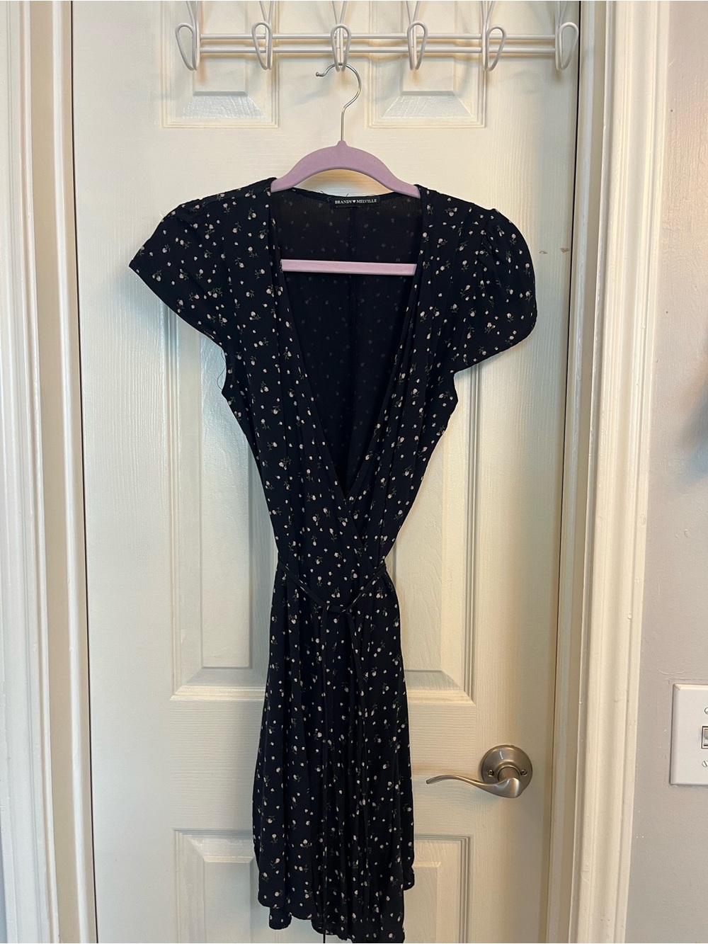 Brandy Melville Black Mini Wrap Dress with Cream Floral Dots